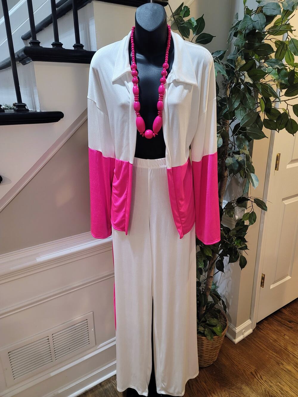 Itzy Cardigan Set Women's Large White/Pink Colorblock Open Front Drop Shoulder